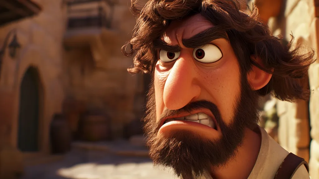 Here's a description of the image:

Close-up view of a digitally animated male character, seemingly from a movie or video game.  He has a stern, angry expression, with furrowed brows, narrowed eyes, and a gritted jaw.  His features are exaggerated for comedic or dramatic effect, characterized by a large nose and a bushy beard.  His curly brown hair adds to his somewhat disheveled appearance. The background is blurred but suggests a sun-drenched, possibly Mediterranean, setting with aged stone buildings. The overall style is reminiscent of a modern animated film.
