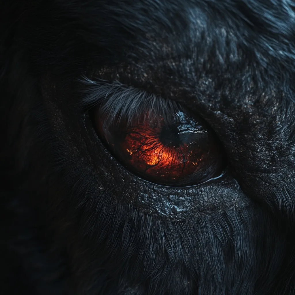 Here's a description of the image:

Close-up view of a dark-furred animal's eye. The fur is predominantly black, appearing almost charcoal in color, with a coarse texture. The eye itself is striking, with a dark pupil surrounded by an iris glowing with intense orange and red hues, resembling burning embers. The reflection in the eye suggests a dimly lit, natural environment. The overall impression is one of mystery and power, evoking a sense of the mythical or supernatural.