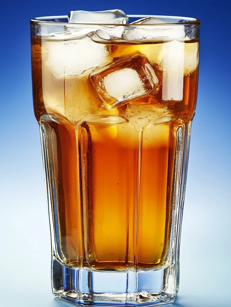 Here's a description of the image:

Close-up view of a tall, clear glass filled with amber-colored iced tea.  Several large ice cubes are visible within the drink, partially submerged and melting. The glass has a slightly ribbed or faceted design. The background is a solid, out-of-focus blue, providing a stark contrast to the tea's color. The lighting highlights the ice cubes and the translucence of the beverage.  The overall impression is one of refreshment.