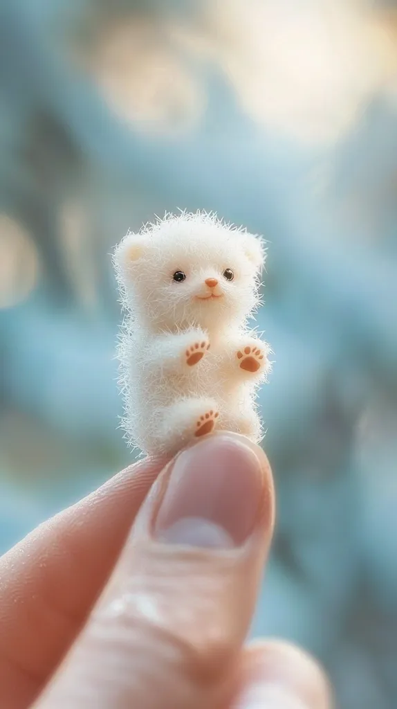 A tiny, fluffy white teddy bear, seemingly hand-knitted or crafted, rests gently on a person's fingertip.  Its small size is emphasized by the contrast with the adult hand.  The bear has endearingly small features, including tiny paws with subtle brown markings. The background is blurred, showcasing a soft, out-of-focus teal and white hue, drawing all attention to the adorable miniature creature.