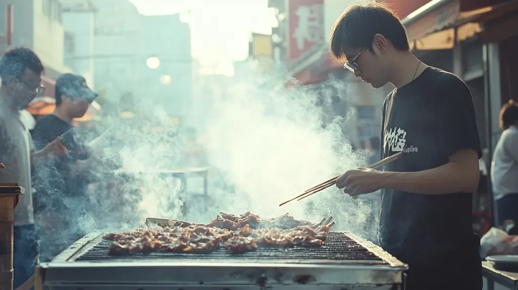 A young man wearing glasses and a black t-shirt skillfully grills meat on a streetside barbecue.  Thick smoke billows from the sizzling food, obscuring the background slightly.  Two other figures stand nearby, partially obscured by the smoke and the busy street scene. The overall atmosphere is one of bustling outdoor cooking in a city setting.