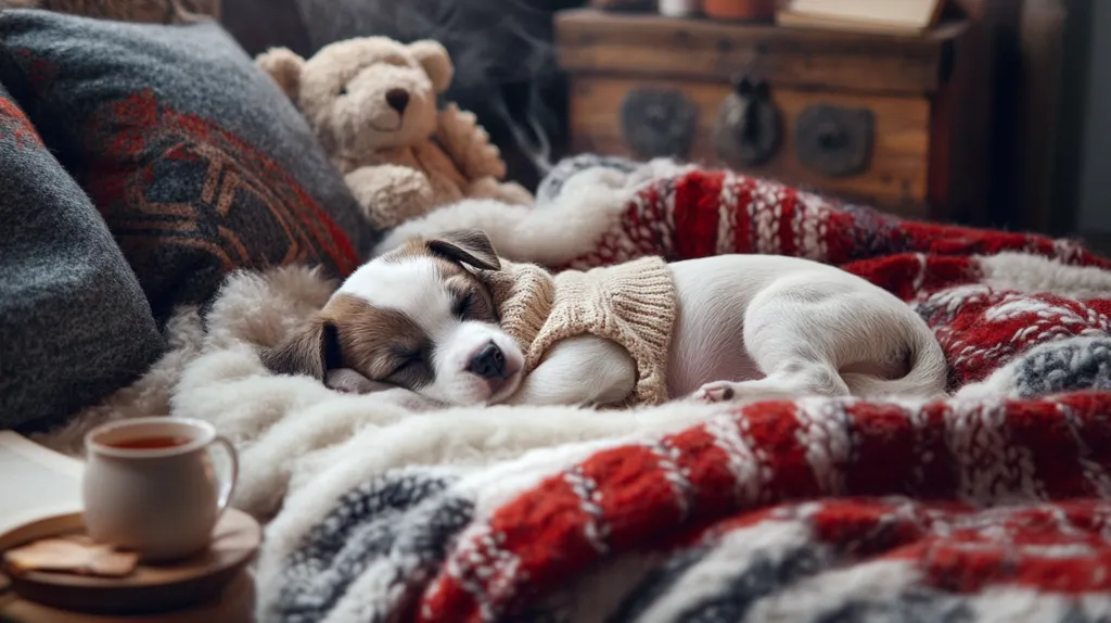 A small, white and brown puppy wearing a beige sweater sleeps soundly nestled in a cozy bed.  It's surrounded by plush pillows, a fluffy blanket in shades of red and gray, and a teddy bear.  A warm cup of tea sits on a side table nearby, enhancing the sense of comfort and relaxation. The overall scene is inviting and peaceful, suggesting a warm and comforting winter setting.