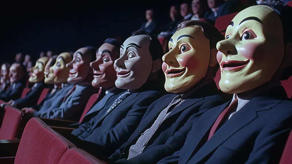 A row of men in suits sits in a darkened movie theater. Each man wears an identical, unsettlingly cheerful mask with exaggerated features. The masks create a disturbing uniformity within the audience, hinting at a theme of conformity, anonymity, or a dystopian society.  The red theater seats contrast with the dark suits and pale masks, creating a visually striking and slightly unnerving scene. The background shows more blurred figures, suggesting a larger, masked audience.
