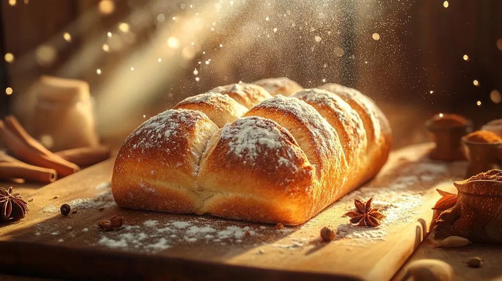 A golden-brown loaf of artisan bread, dusted with powdered sugar, sits on a wooden cutting board.  Warm, golden light illuminates the bread, creating a hazy, ethereal effect with particles of dust or flour suspended in the air.  Cinnamon sticks, star anise, and spice containers are artfully arranged in the background, enhancing the rustic, comforting scene.  The overall impression is one of warmth, deliciousness, and handcrafted quality.