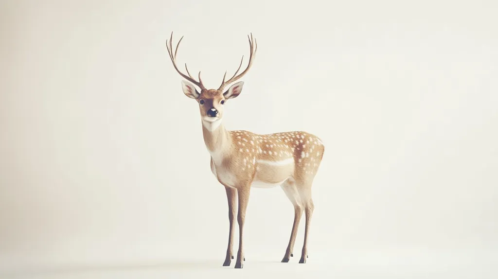 A young Axis deer, distinguished by its light brown coat adorned with white spots, stands against a minimalist, off-white backdrop.  Its antlers are elegantly branched, and it faces the viewer directly, offering a calm and serene expression. The image's simplicity emphasizes the deer's graceful form and gentle demeanor. The lighting is soft and even, enhancing the deer's natural beauty.