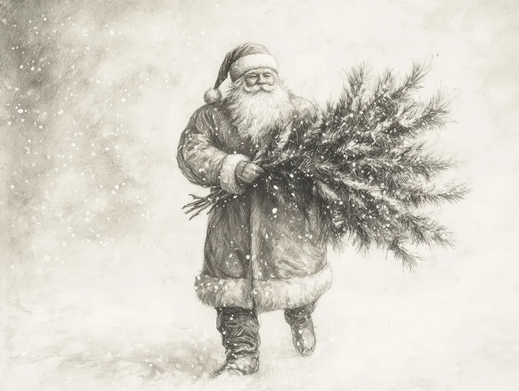 A monochromatic illustration depicts Santa Claus trudging through a snow-covered landscape.  He carries a large, snow-laden evergreen tree, its branches extending behind him.  Santa's expression is serene, his long white beard partially obscured by the tree.  The overall style is reminiscent of a classic Christmas card, evoking a sense of peaceful winter and the magic of the holiday season.  The fine details of the snow and the texture of the tree and Santa's coat are subtly rendered.