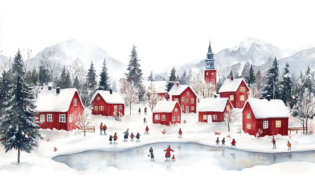 A watercolor painting depicts a charming snow-covered village nestled in a mountainous region.  Red-roofed houses, dusted with snow, cluster around a frozen pond where figures ice skate.  A church steeple rises in the background, surrounded by snow-laden evergreen trees.  The scene evokes a peaceful, idyllic winter wonderland, with a soft light and falling snow adding to its tranquility.  The overall style is whimsical and heartwarming.