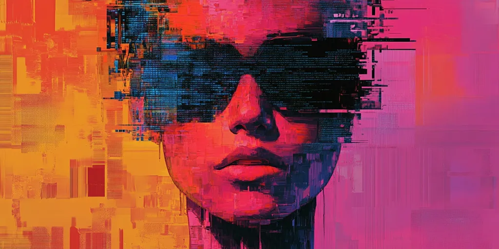 The artwork is a vibrant, stylized portrait of a woman's face, rendered in bold strokes of pink and orange.  Her sunglasses obscure her eyes, yet the face is expressive, with full lips and a determined look.  The background is a chaotic mix of digital code and abstract shapes, creating a sense of movement and technological disruption.  The style is a blend of digital art and painterly expressionism, suggesting a connection between the human and digital worlds. The overall effect is both arresting and thought-provoking.