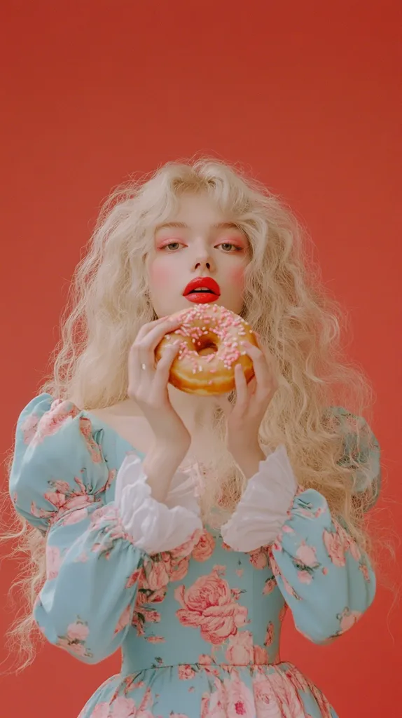 A young woman with long, blonde, curly hair holds a donut in front of her face. She's wearing a light blue, floral dress with puffed sleeves and white cuffs. Her makeup is subtly dramatic, featuring rosy cheeks and bold red lips.  The backdrop is a vibrant coral red, creating a striking contrast with the pastel tones of her outfit and the donut. The overall image is stylized and visually appealing, suggesting a playful and whimsical mood.
