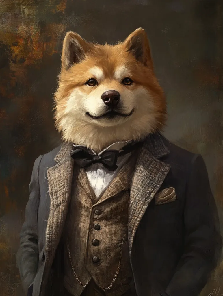 A digital painting depicts a Shiba Inu dog in a stylish, old-fashioned suit. The dog's fluffy, reddish-brown fur contrasts with the dark, tweed-like jacket and waistcoat.  A bow tie and pocket square add to the dapper look. The painting is reminiscent of a classic portrait, with a muted background emphasizing the dog's distinguished appearance.  The artist skillfully blends realism with fantasy, creating a whimsical yet sophisticated image.