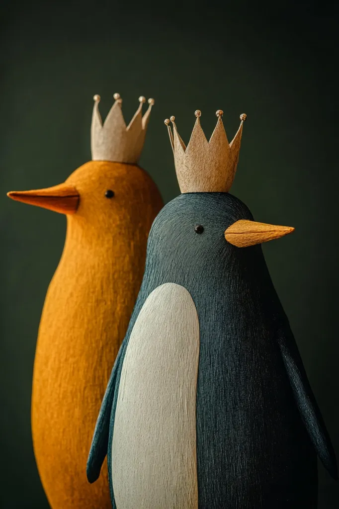 Here's a description of the image:

Close-up view of two stylized bird figurines, one resembling a penguin and the other a bird with a rounded body and beak, both crowned with small, paper-like crowns. The penguin is dark bluish-gray with a light gray belly, while the other bird is a warm orange-yellow.  They stand side-by-side against a dark green background, creating a strong contrast. The texture of the figurines appears to be slightly rough, possibly handcrafted, giving them a rustic or whimsical quality.  The lighting is soft and focused, highlighting the details of the crowns and the birds' features.