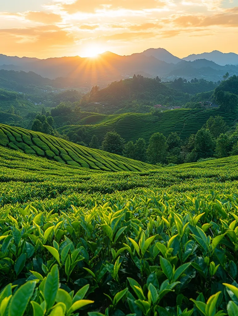Here's a description of the image:

A breathtaking sunrise bathes rolling green tea plantations in golden light.  The meticulously terraced fields stretch across a hillside, leading the eye towards a range of softly lit mountains in the distance.  The sun's rays pierce the sky, creating a radiant effect. Lush greenery fills the foreground and middle ground, providing a vivid contrast to the hazy blue of the distant peaks. The scene evokes a sense of serenity and natural beauty.