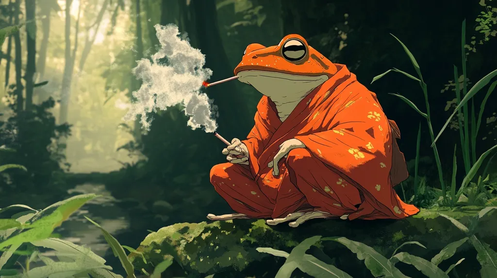 Here's a description of the image:

The illustration depicts a large, orange frog, serenely seated in a meditative pose on a moss-covered rock.  It's dressed in an ornate, orange kimono adorned with small, yellow floral patterns. The frog holds a smoldering stick in its webbed hands, emitting a wisp of white smoke, suggesting a contemplative moment. The backdrop is a lush, verdant forest with dappled sunlight filtering through the trees, creating a peaceful and slightly mystical ambiance. The overall style is artistic and slightly whimsical.