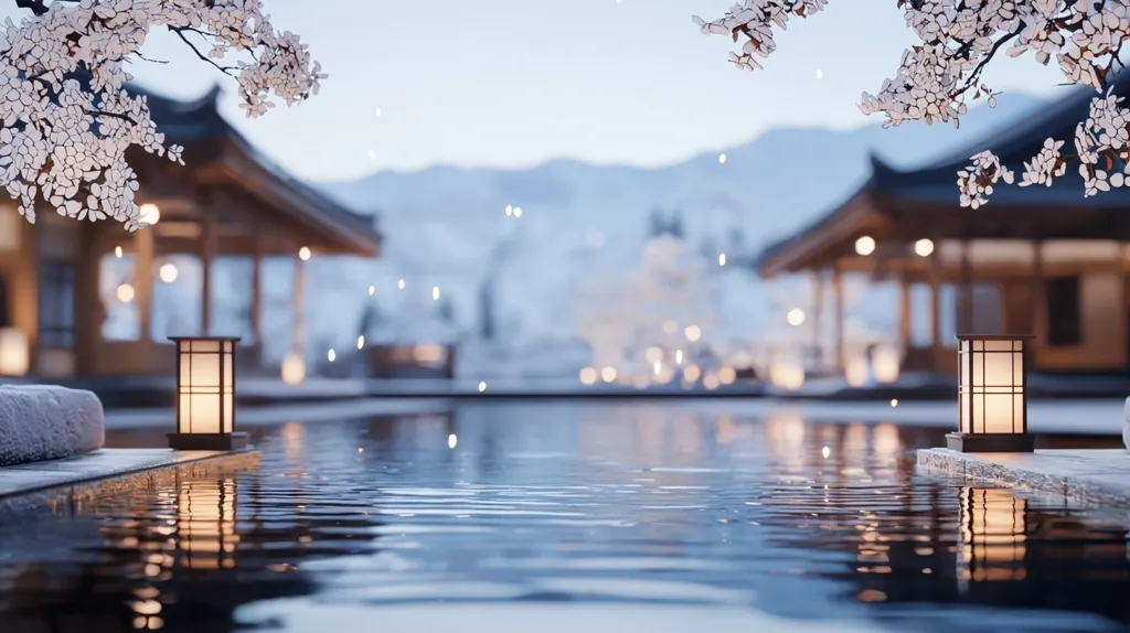 Here's a description of the image:

The image depicts a serene, winter scene at a Japanese-style spa or resort.  Two traditional wooden pavilions flank a calm, reflective pool, softly lit by warm-toned lanterns at their edges.  Snow-dusted branches laden with blossoms frame the scene, adding a touch of delicate beauty.  The background features blurred mountains under a soft, twilight sky, creating a peaceful and tranquil atmosphere.  The overall effect is one of calm, quiet elegance.