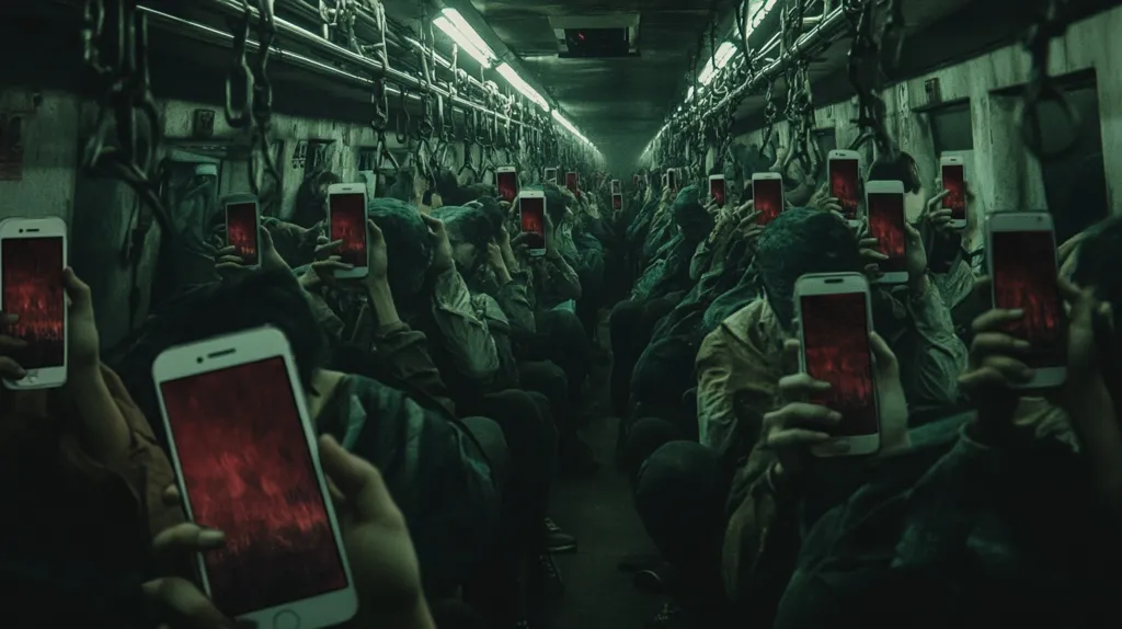 A dimly lit subway car is packed with passengers, each holding a smartphone displaying an identical fiery image.  The atmosphere is grim and claustrophobic, the passengers shrouded in dark clothing, their faces mostly hidden. The scene evokes a sense of unease and shared experience, hinting at a collective obsession or impending doom. The overall color palette is dark, muted greens and reds dominating the image.  Chains hang from the ceiling, adding to the oppressive feeling.
