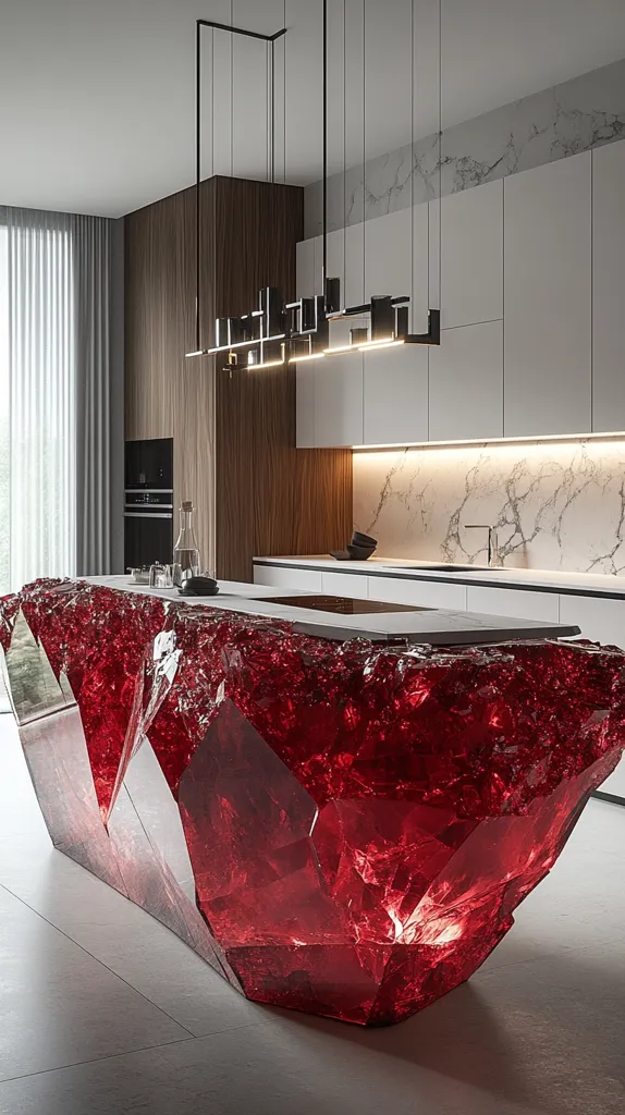 A modern kitchen boasts a stunning centerpiece: a kitchen island sculpted to resemble a giant, luminous red gemstone.  The island's rough, crystalline texture contrasts with the sleek, minimalist design of the surrounding cabinetry, which features dark wood and white marble countertops.  A geometric, black pendant light fixture hangs above, adding to the sophisticated ambiance.  The overall aesthetic is one of luxurious, high-end design.