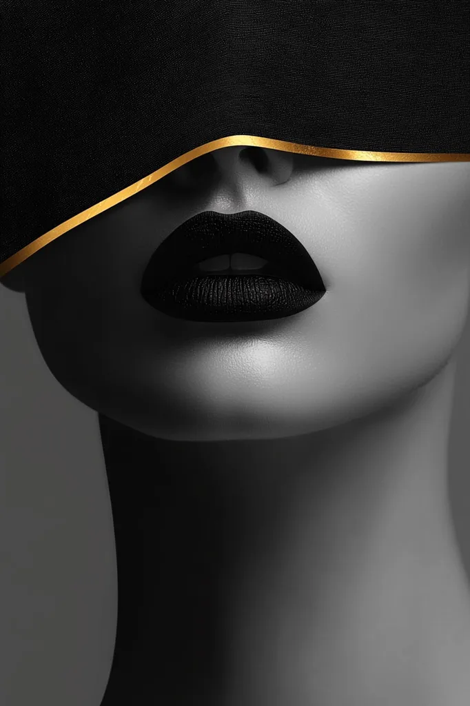 Here's a description of the image:

The monochromatic photograph showcases a close-up of a woman's face and neck. A black fabric, edged with a thin gold line, drapes over her eyes, obscuring them completely.  Her full, dark lips are prominently featured, creating a striking contrast against the grayscale palette. The overall mood is one of mystery and elegance, with the sharp lines of the fabric and the rich darkness of the lipstick creating a dramatic effect. The lighting is carefully controlled, highlighting the texture of the skin and the fabric.