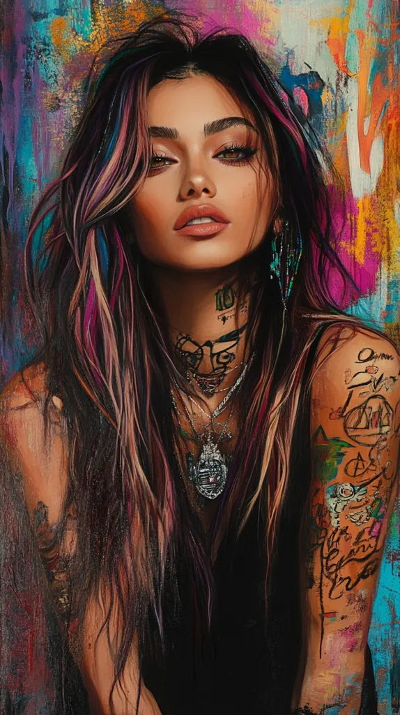 A stylized portrait of a young woman with long, dark hair streaked with pink and purple.  Her expression is sultry and confident. She's adorned with multiple necklaces and has intricate tattoos on her neck and arm, which blend seamlessly with the vibrant, abstract background of bold colors and paint strokes. The overall style is reminiscent of a modern, painterly digital artwork.  Her makeup is dramatic, enhancing her features.