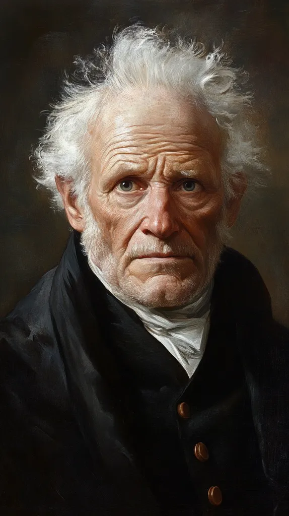 A hyperrealistic painting depicts an elderly man with unkempt white hair, his face etched with deep wrinkles and lines revealing a lifetime of experiences. His intense gaze directly engages the viewer. He wears a dark, double-breasted coat over a white cravat. The lighting accentuates the texture of his skin and the details of his clothing.  The overall style evokes classical portraiture, conveying a sense of gravitas and age.