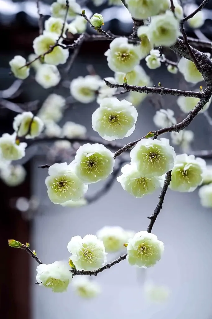 Delicate, pale yellow plum blossoms cluster along slender, dark branches.  The flowers, numerous and softly textured, are the focal point against a blurred background of a muted gray building.  The image evokes a sense of serene beauty and the quiet arrival of spring.  Some buds are also visible, hinting at the continuing bloom.  The overall effect is peaceful and understated elegance.