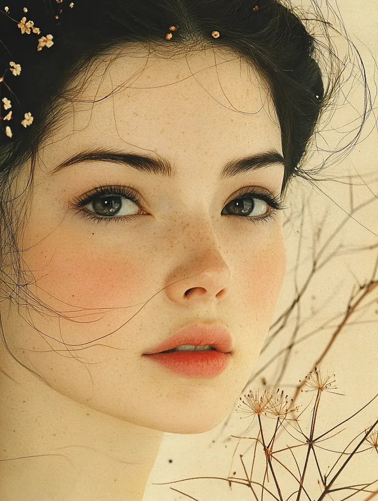 Here's a description of the image:

Close-up portrait of a young woman with fair skin and freckles.  Her dark hair is styled loosely, adorned with small white flowers.  She has soft, natural makeup enhancing her features, including subtly rosy cheeks. Her gaze is directed slightly away from the camera. The background features delicate, dried plant stems, creating a soft, ethereal aesthetic. The overall tone is warm and muted, with a vintage or romantic feel.