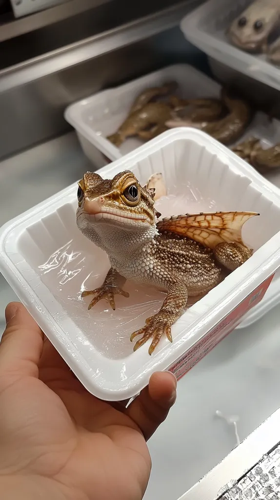 Here's a description of the image:

A small, light brown lizard with unique, wing-like appendages on its back rests inside a white plastic food container.  The lizard appears calm and is being held by a person's hand.  The container is sitting on a stainless steel surface, which also holds other containers.  These containers appear to contain similar-looking, larger lizards or possibly another type of animal, suggesting a market or store environment. The overall image has a slightly surreal quality due to the unusual appearance of the lizard.