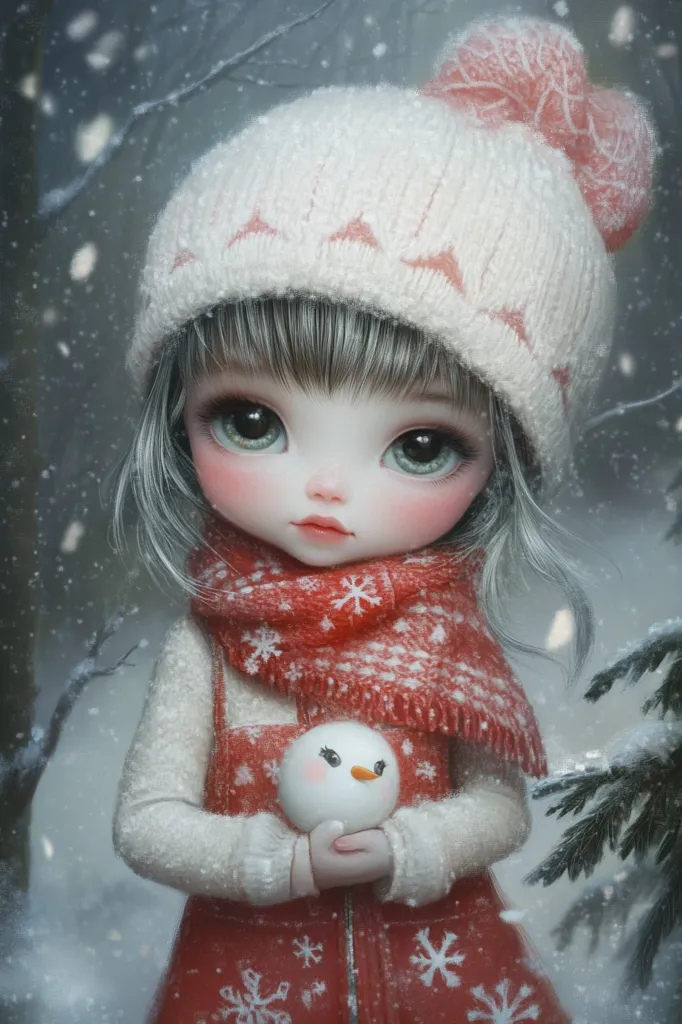 A digital painting depicts a cute doll-like girl in a snowy winter scene. She wears a cream-colored knit hat with pink accents and a red snowflake-patterned scarf and dress.  Her large eyes and rosy cheeks give her an innocent, almost ethereal appearance.  She gently holds a small snowman, emphasizing the festive, wintry atmosphere. The background features softly falling snow and blurred pine branches. The overall style is whimsical and charming.