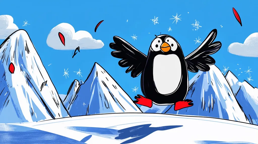 A cartoon penguin with red feet joyfully soars through a vibrant winter scene.  Its wings are outstretched against a bright blue sky dotted with snowflakes and a few falling red leaves.  Snowy, stylized mountains form a dramatic backdrop to the penguin's flight, creating a cheerful and whimsical winter illustration. The style is loose and expressive, with visible brushstrokes adding to its playful charm.