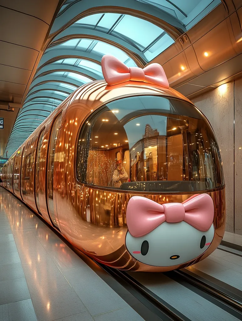 A rose gold train, adorned with a large Hello Kitty face and pink bow, sits in a modern, arched train station.  The train's polished surface reflects the interior lighting and surrounding architecture.  The sleek design of both the train and the station create a futuristic and whimsical aesthetic.  The interior of the train's windows show what appears to be a luxurious passenger area.