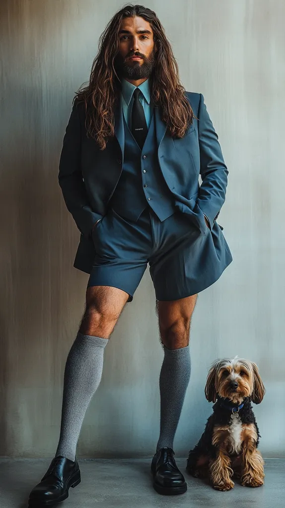A man with long brown hair and a beard is dressed in a dark blue suit, but the suit jacket is paired with matching shorts rather than trousers. He's wearing grey knee-high socks and black oxfords.  The man stands confidently, hands in his pockets, next to a small, fluffy brown and black dog. The background is a muted grey wall, creating a stark contrast with the man's attire and providing a minimalist setting for the image.