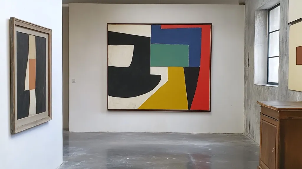Here's a description of the image:

The photo shows a minimalist gallery interior with polished concrete floors.  A large abstract painting dominates one wall, featuring bold blocks of red, blue, yellow, green, and black against a white background.  The style is reminiscent of mid-20th-century geometric abstraction.  Two smaller, similarly styled abstract paintings hang on adjacent walls, one to the left and one partially visible to the right.  A simple wooden cabinet sits against the far right wall, adding a touch of warmth to the otherwise austere space.  Natural light illuminates the gallery, enhancing the vibrant colors of the artworks.