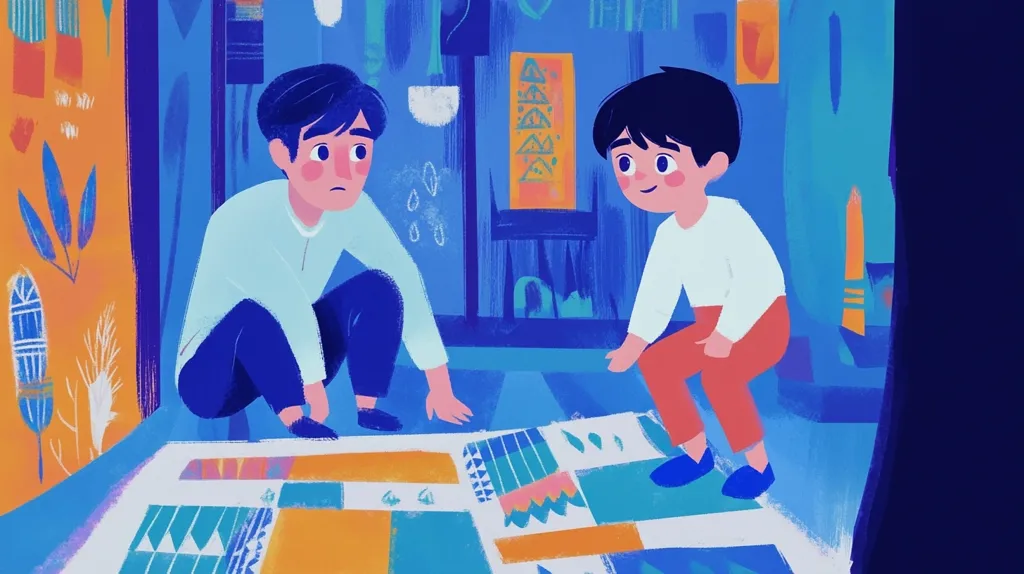 Here's a description of the image:

The illustration depicts two boys, one older and one younger, crouched over a large, colorful patchwork on the floor. The setting appears to be an interior space with vibrant, abstract wall art in blues, oranges, and yellows. The older boy, in blue pants and a light blue shirt, seems pensive. The younger boy, in red pants and a white shirt, looks engaged. The patchwork itself is a vibrant mix of geometric shapes and patterns. The overall style is loose and painterly, suggestive of a child's imagination or a storybook scene.