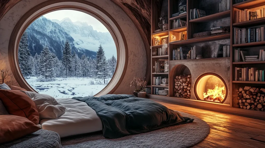 A cozy bedroom features a large, circular window showcasing a breathtaking snowy mountain landscape.  A bed with dark teal bedding is positioned to maximize the view.  Built-in wooden bookshelves flank a circular fireplace, burning brightly, adding warmth to the room.  The overall atmosphere is one of serene comfort and wintery escape.  The wood-paneled walls and the soft rug complete the inviting, rustic ambiance.