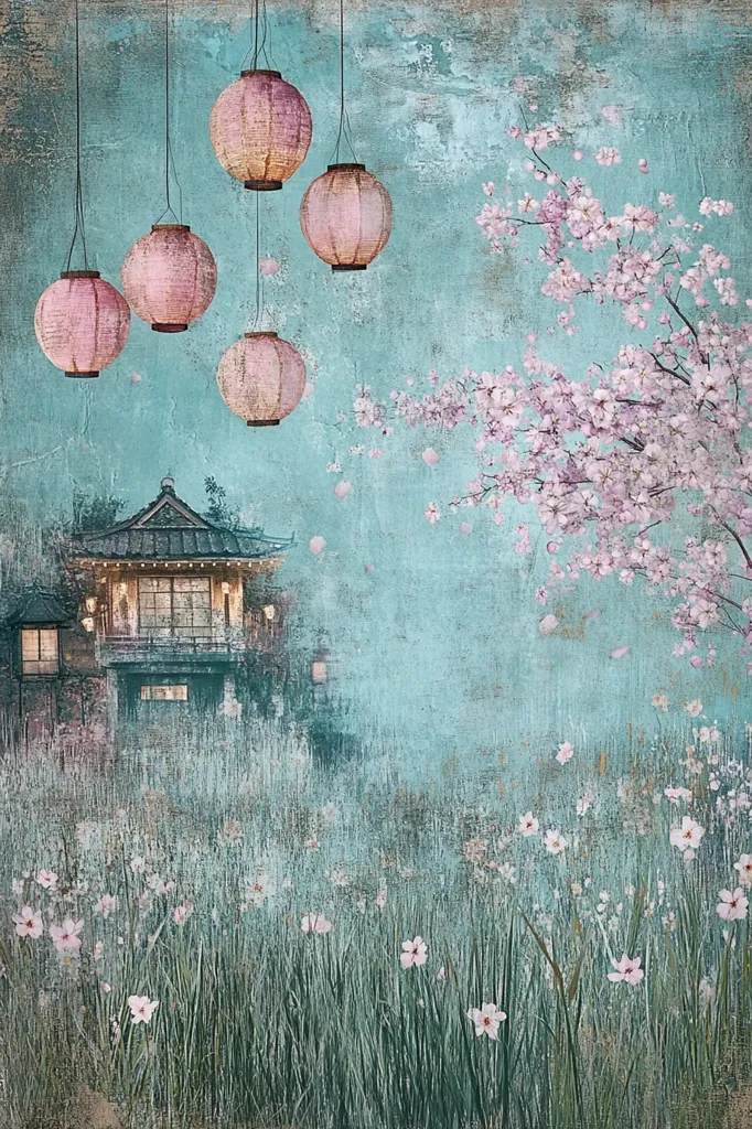 Here's a description of the image:

The artwork presents a serene, almost dreamlike scene. Five pale pink paper lanterns hang from above, casting a soft glow against a teal, textured background reminiscent of aged canvas or wall.  A traditional Japanese-style house sits nestled in the mid-ground, partially obscured by tall grasses.  A delicate cherry blossom branch, laden with pale pink blooms, extends from the right, adding a touch of springtime beauty.  Scattered delicate pink flowers decorate the foreground grass, creating a tranquil and peaceful atmosphere.  The overall effect is one of gentle beauty and quiet contemplation, evoking a sense of calm and serenity.