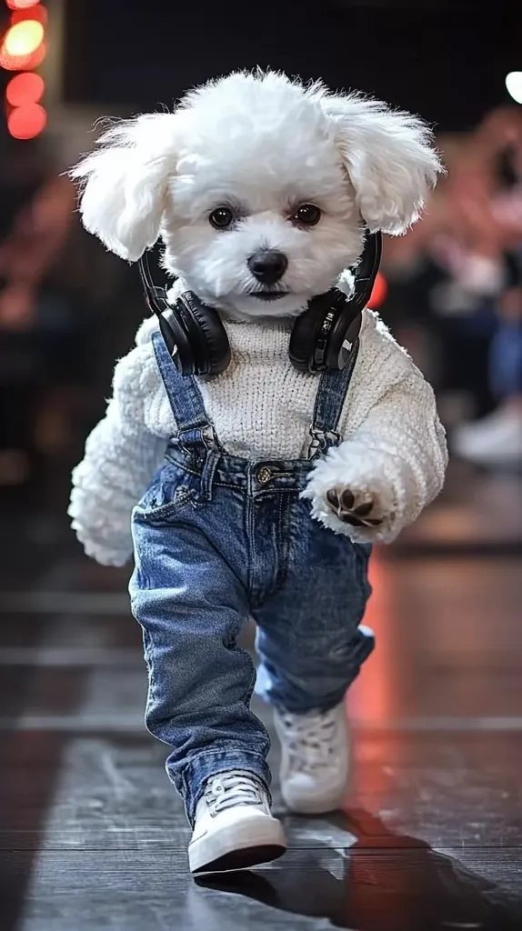 Here's a description of the image:

A small, fluffy white dog, possibly a Bichon Frise or similar breed, is the focus of the image.  It's fashionably dressed in a white knitted sweater and denim overalls, and wears white sneakers.  Over-sized headphones hang around its neck. The dog is walking towards the camera, captured mid-stride on what seems to be a polished floor.  The background is blurred, suggesting a possibly indoor setting with warm, out-of-focus lighting. The overall impression is one of a stylish and adorable pet in a fashion-forward outfit.