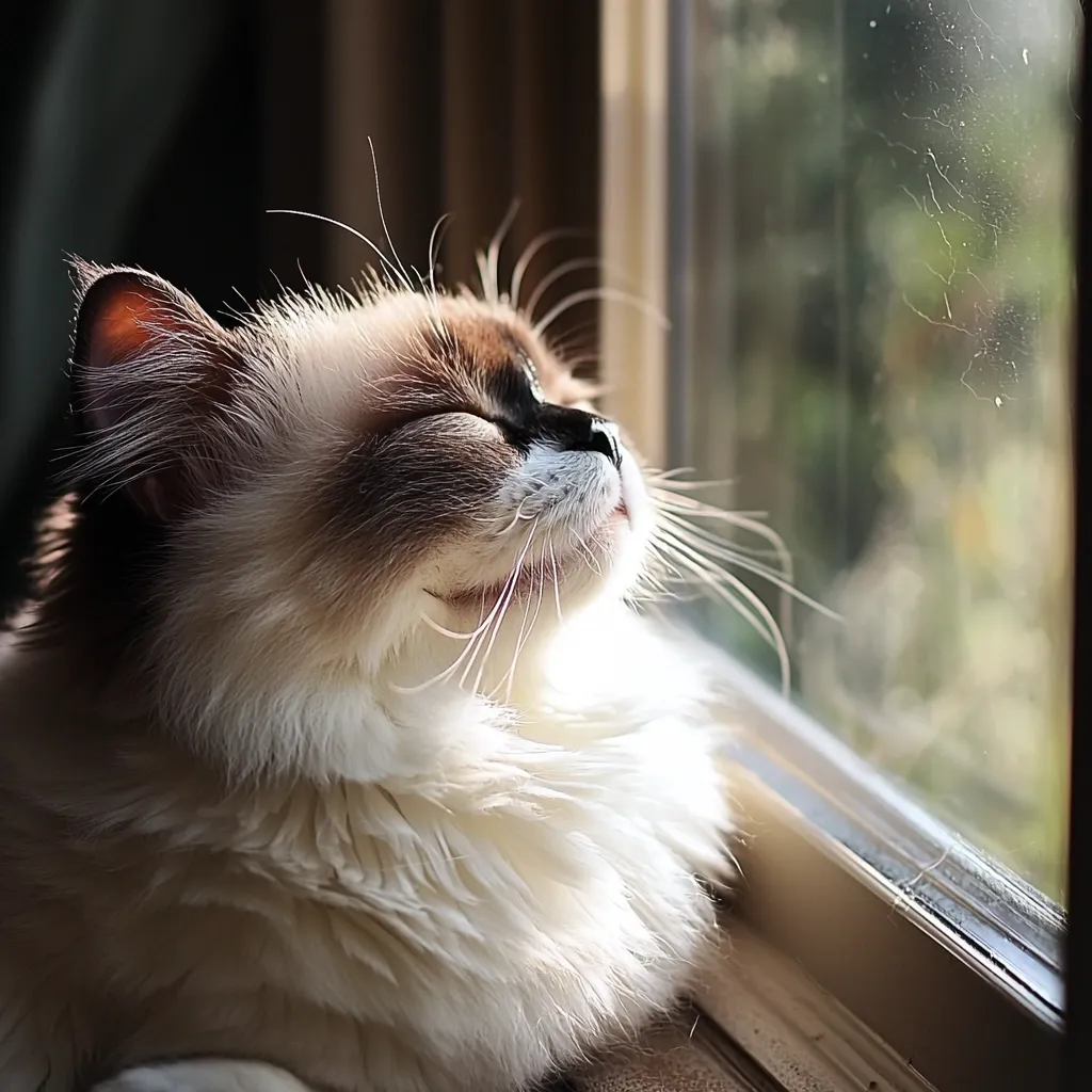Here's a description of the image:

A fluffy, long-haired cat, possibly a Ragdoll, sits basking in sunlight by a window. Its eyes are closed in contentment, and its face is turned towards the light, showcasing its soft fur and delicate features. The sun illuminates the cat's fur, creating a warm glow.  The window reveals a blurred, out-of-focus background of greenery. The overall mood is peaceful and serene, capturing a moment of feline relaxation.