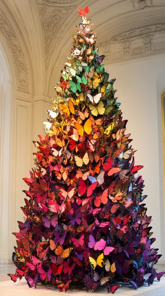 A stunning Christmas tree, unlike any other, stands majestically.  Instead of traditional ornaments, it's adorned with hundreds of vibrantly colored butterflies, meticulously arranged in a gradient from light greens and yellows at the top to deep purples and reds at the base.  The butterflies appear to be crafted from paper or fabric, creating a dazzling and unique festive display set against the elegant, ornate backdrop of a classical building.  A single red butterfly sits atop, acting as the tree's star.