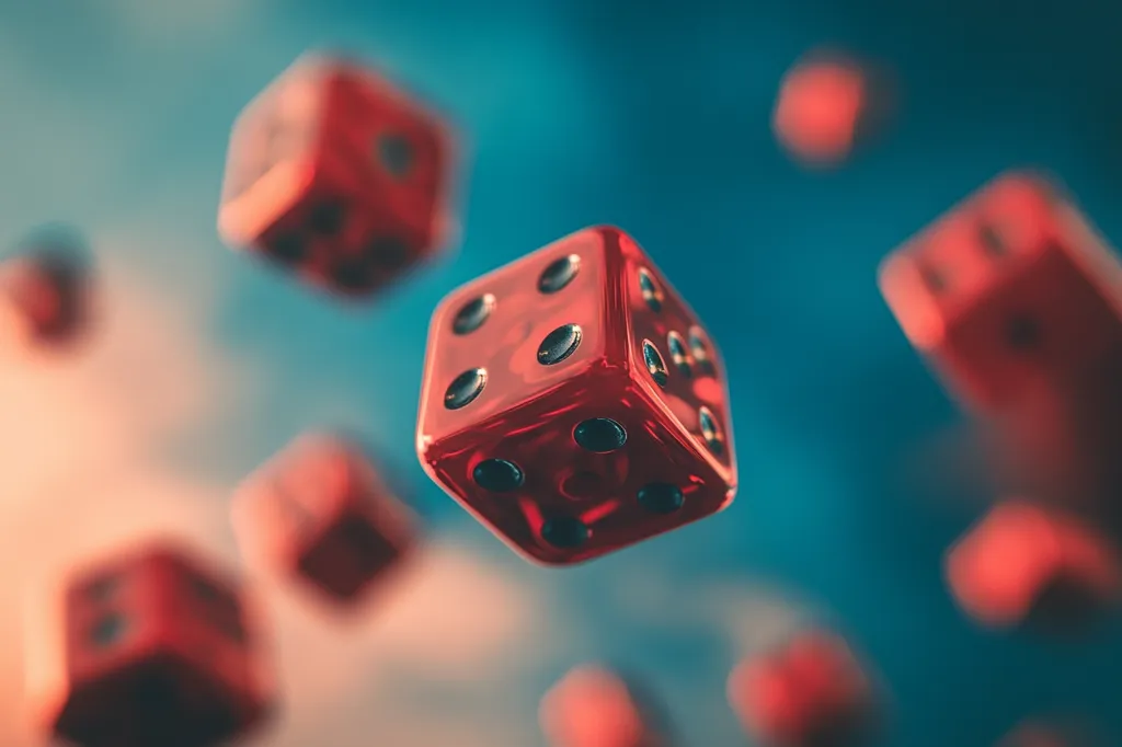 A captivating image showcases numerous translucent red dice suspended in mid-air against a blurred teal backdrop.  One die is in sharp focus, its facets and black pips clearly visible, while others are progressively out of focus, creating a sense of depth and movement. The overall effect is dynamic and suggestive of chance, luck, or a game in progress.  The soft lighting and color palette enhance the image's aesthetic appeal.