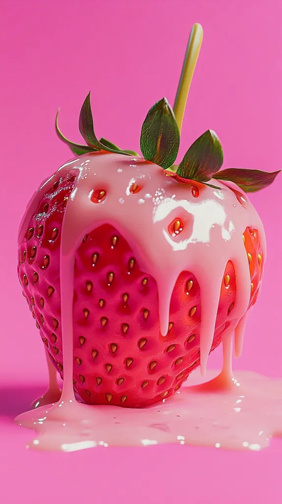 A vibrant red strawberry, adorned with its green leaves and stem, is lavishly coated in a thick, pink, creamy sauce.  The sauce drips dramatically down the sides of the strawberry, pooling attractively on a bright pink background. The image is striking in its simplicity and high contrast, with a focus on the glossy textures and rich colors.  The overall effect is one of lusciousness and sweetness.