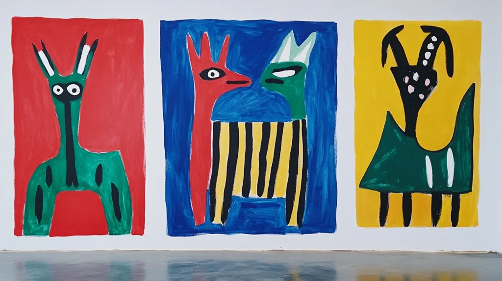 Here's a description of the image:

The image shows a triptych of colorful, stylized animal paintings. Each panel features a distinct creature rendered in a bold, naive style.  The left panel shows a green creature against a red background, the center panel depicts two creatures, one red and one green, interacting against a blue background, and the right panel showcases a green creature with curved horns against a yellow background.  The creatures are simple in form, using blocks of color and minimal detail, reminiscent of folk art or children's drawings. The overall effect is vibrant and playful.
