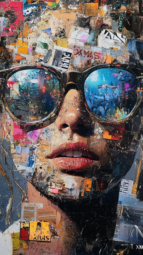 A vibrant, mixed-media portrait of a woman dominates the image.  Her face is constructed from a collage of textured papers, paint, and fragments of images, creating a layered effect.  Large, reflective sunglasses obscure her eyes, reflecting a cityscape.  The overall style is bold and expressionistic, with a focus on contrasts of color and texture.  Bits of text, including "XMAS," are visible within the collage, adding to the eclectic feel. The artist's signature is subtly placed at the bottom right.