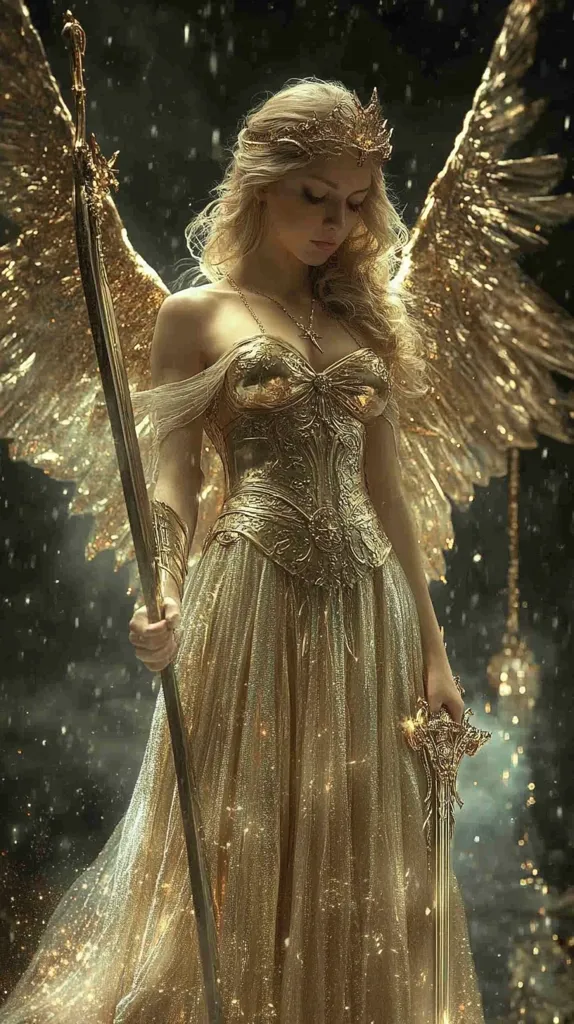 Here's a description of the image:

The image depicts a ethereal, feminine figure, possibly an angel or goddess, adorned in a shimmering, gold gown.  The dress features intricate detailing, resembling metallic armor or elaborate embroidery, and flows elegantly to the ground. Large, golden wings sprout from her back, adding to her celestial appearance. She wears a golden crown and holds a long, ornate spear in one hand and a sword in the other, suggesting power and authority.  The background is dark and moody, with sparkling particles scattered around her, enhancing the mystical ambiance.  The overall effect is one of radiant beauty and divine strength.