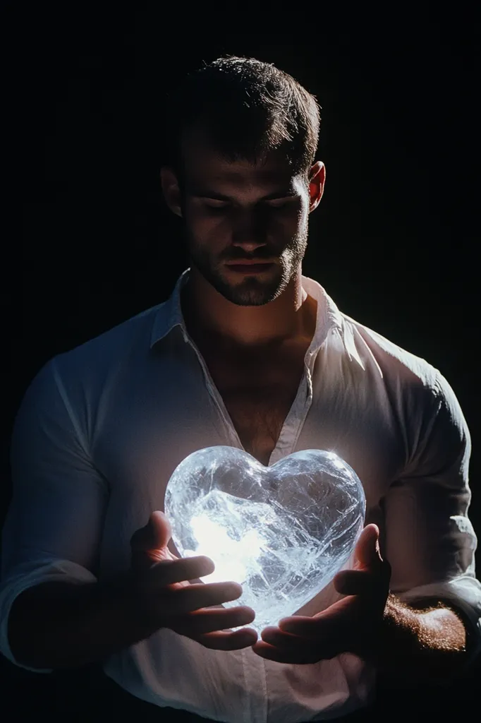 A man with short dark hair, wearing a white collared shirt, holds a glowing, translucent heart-shaped object in his hands.  His eyes are closed, and his expression is serious and contemplative.  The setting is dark, highlighting the luminescence of the heart and the man’s focused attention on it.  The image evokes feelings of love, vulnerability, or perhaps a guarded emotion.