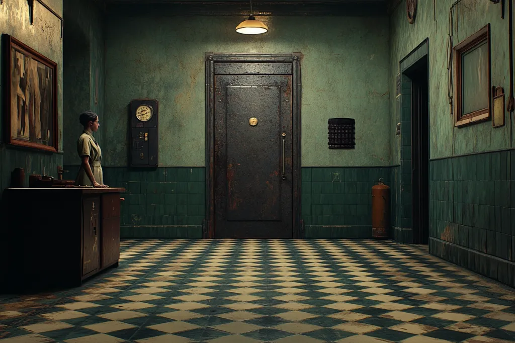 A woman in a beige uniform stands in a dimly lit, vintage hallway.  Dark green tiled walls and a worn, diamond-patterned floor create a somber atmosphere.  A large, aged metal door dominates the far wall, flanked by a wall clock and a small, dark object.  A dark wooden cabinet is to the woman's left, adding to the overall aged and mysterious ambiance. The scene suggests a forgotten or abandoned place.