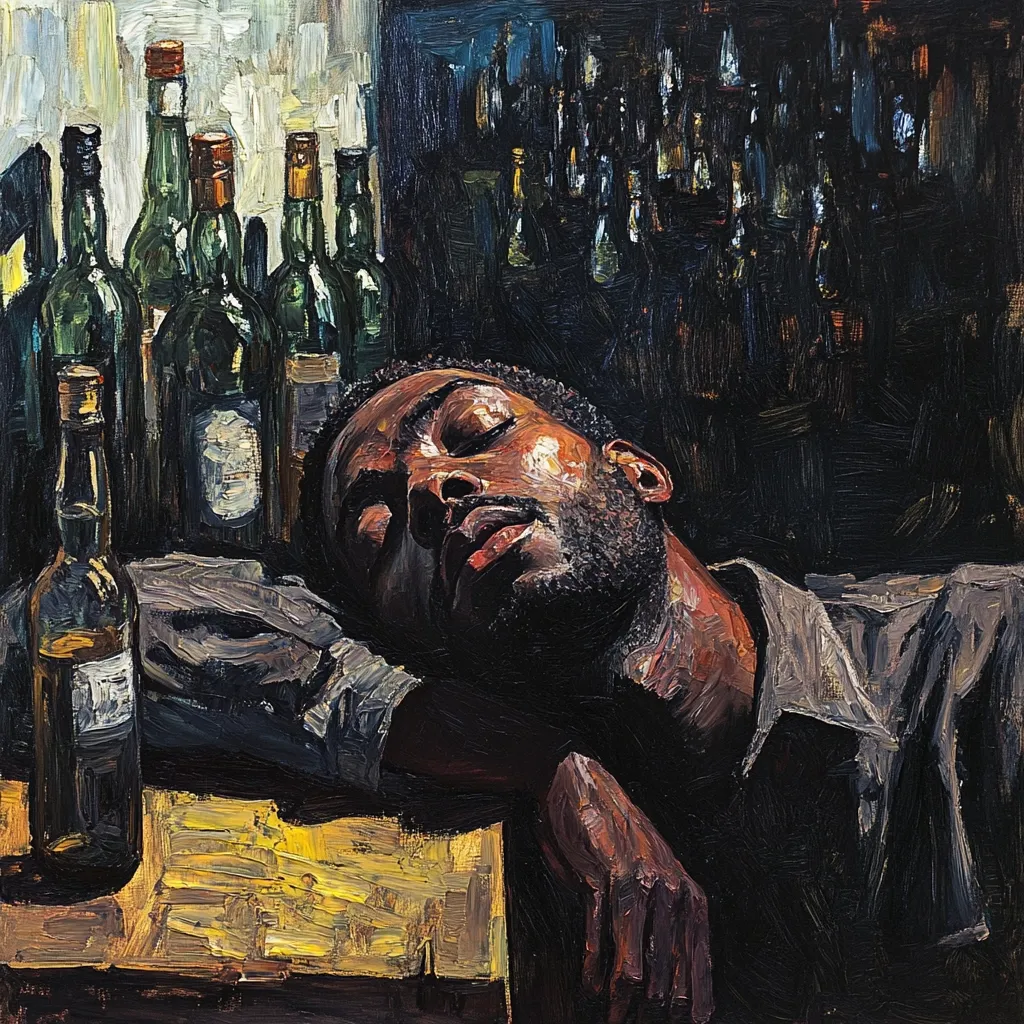 A dark-skinned man slumbers heavily on a wooden table, his head resting on his folded arms.  Behind him, a wall lined with numerous dark bottles, possibly liquor, suggests a bar or tavern setting. The painting style is impasto, with thick, visible brushstrokes creating a textured and expressive surface. The lighting focuses dramatically on the man's face and the bottle beside him, highlighting the scene's somber mood.  The overall feel is one of weariness and solitude.