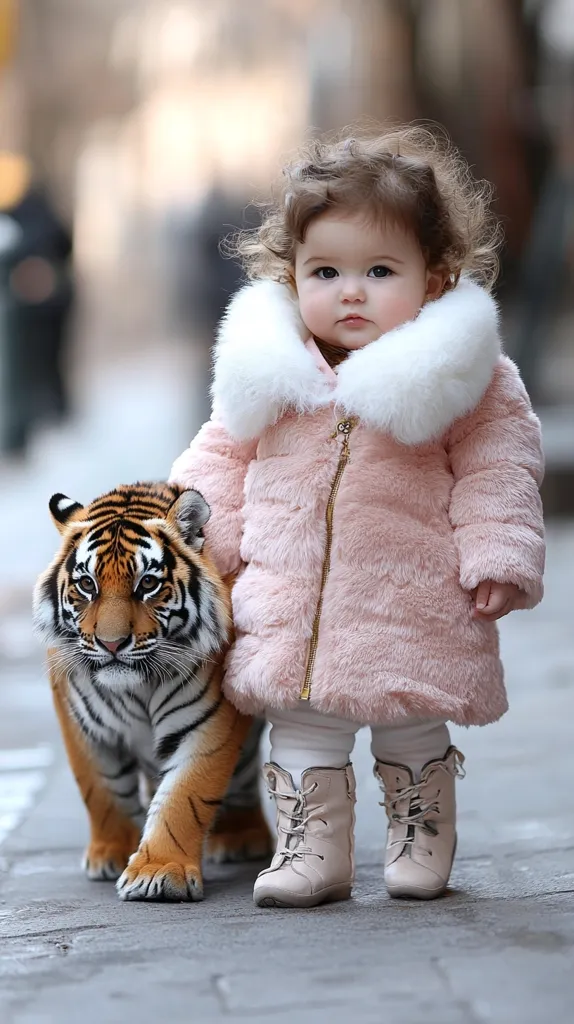 Here's a description of the image:

A charming toddler girl with curly brown hair is the focal point, wearing a fluffy, light pink coat with a white fur collar and light beige lace-up boots.  She stands next to a small tiger, its orange and black stripes prominent. The tiger appears calm and is walking alongside the girl. The background is blurred, suggesting an outdoor setting, possibly a city street. The overall mood is one of unexpected gentleness and adorable juxtaposition.