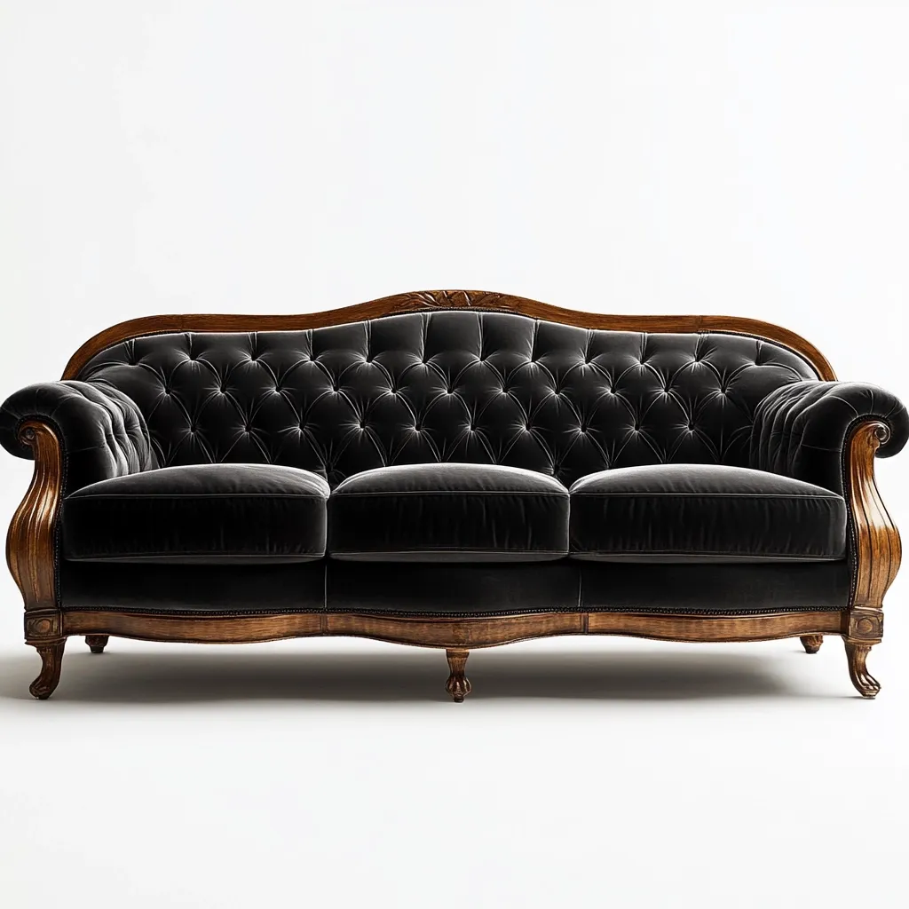 A luxurious, three-seater sofa is showcased against a stark white backdrop.  The sofa boasts a dark, plush velvet upholstery with a classic button-tufted design. Its frame is crafted from rich, dark wood with elegant, curved arms and cabriole legs, indicative of a traditional, possibly antique or antique-inspired, style. The overall impression is one of refined elegance and sophistication.