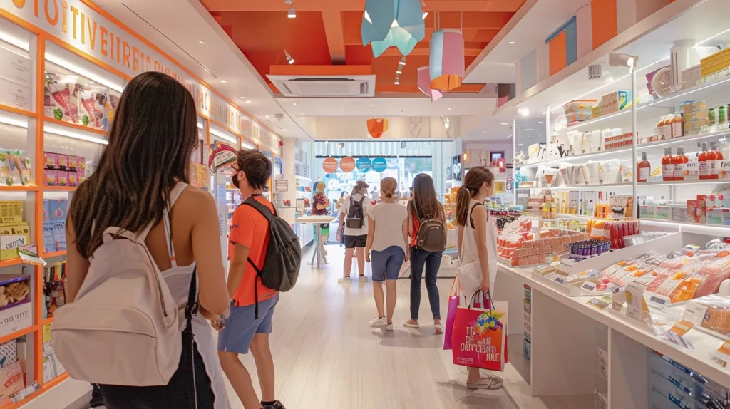A bright, modern grocery store, predominantly orange and white, is filled with shoppers.  Shelves are stocked with various packaged goods.  Several women browse, one carrying a shopping bag. A young man with a backpack stands near the shelves. The atmosphere is cheerful and organized, with colorful hanging decorations adding to the vibrant feel.  The store has a clean, contemporary aesthetic.