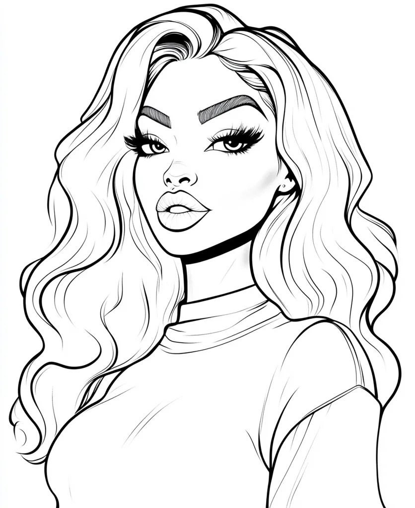 Here's a description of the image:

The image is a line drawing of a young woman with long, wavy hair that falls to her shoulders.  Her hair is styled in loose, flowing waves, and she has bold eyebrows, expressive eyes with long lashes, and full lips.  She's wearing a simple, high-necked sweater or top. The style is reminiscent of fashion illustration or a coloring page, with clean lines and a focus on features. The overall impression is one of beauty and confidence.
