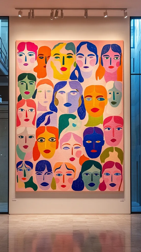 A large, vibrant artwork hangs in a modern gallery.  The piece features numerous stylized female faces, each rendered in bold, flat colors and simple lines.  The faces are diverse in hair color and style, creating a collage effect against a pale pink background. The overall style is reminiscent of contemporary illustration or folk art, exhibiting a playful and celebratory feel. The gallery's clean lines and polished floor provide a neutral backdrop that accentuates the artwork's bright hues.